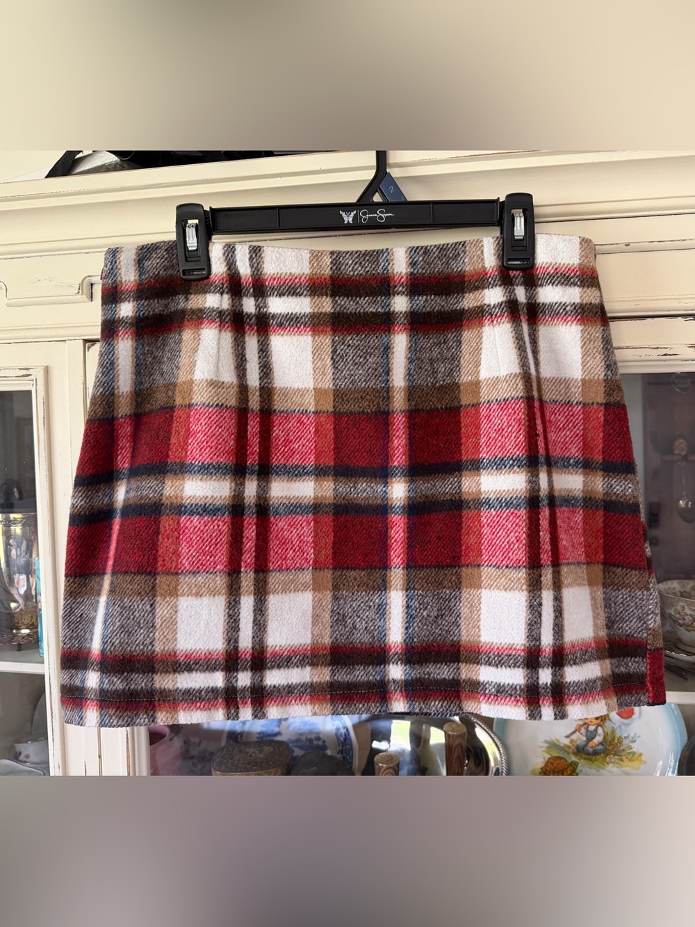 Source Unknown Red, Brown & White Plaid Mini Skirt